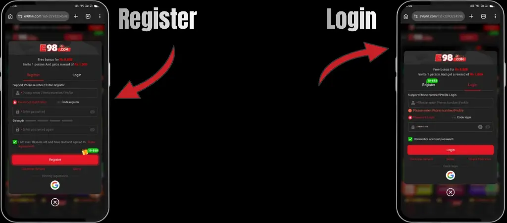 E98 Game Register login